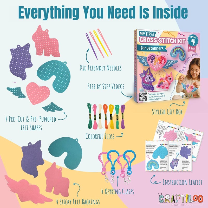 CRAFTILOO My First Cross Stitch Kit for Kids Ages 6–12 – Beginner Needlepoint Set with Pre-Cut Felt, Thread & Keyrings – Makes 4 Colorful Designs: Unicorn, Rainbow, Winged Heart - Image 2